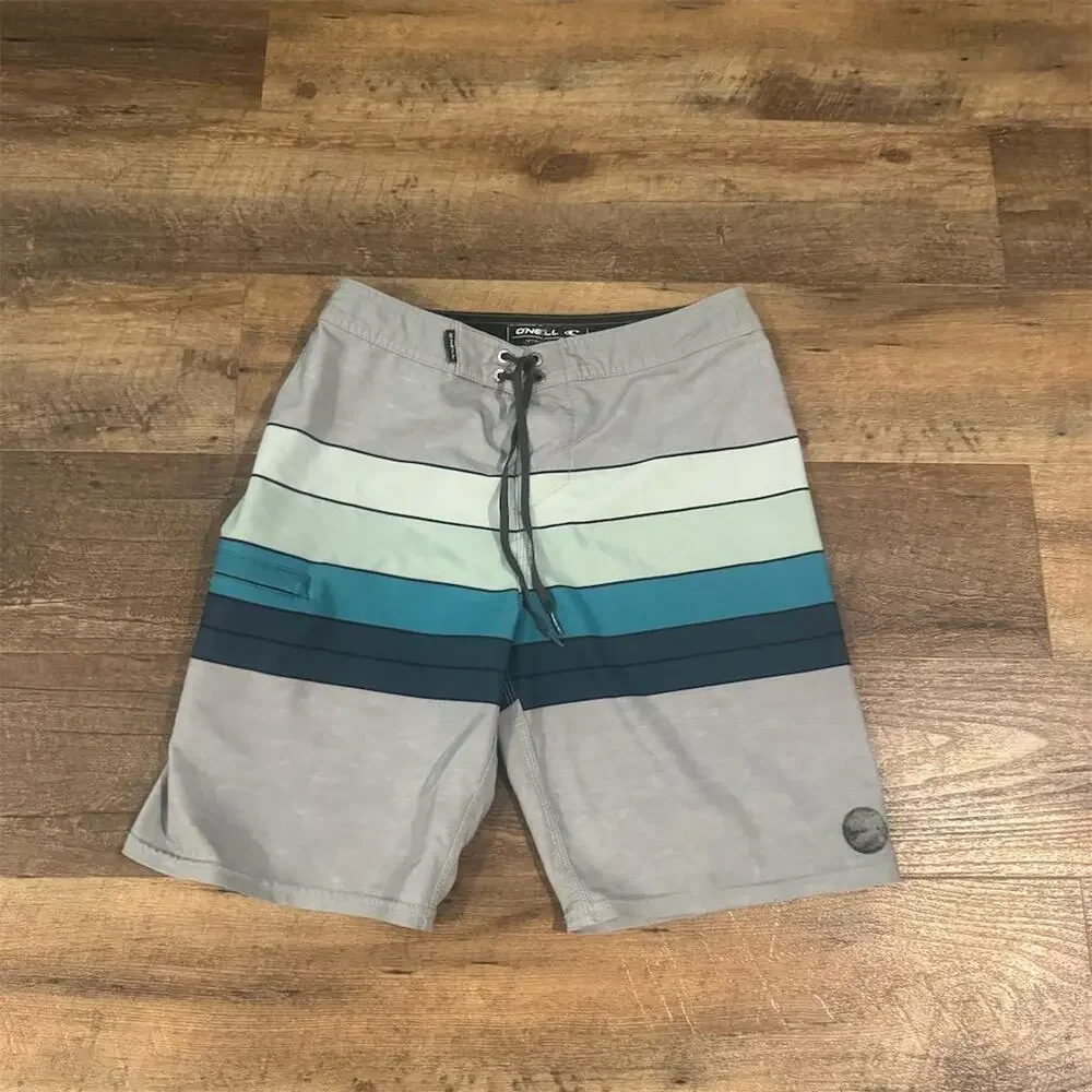 O'Neill Men's Hyperfreak Board Shorts Swim Trunks Gray Teal Stripe Size 27 FLAWS